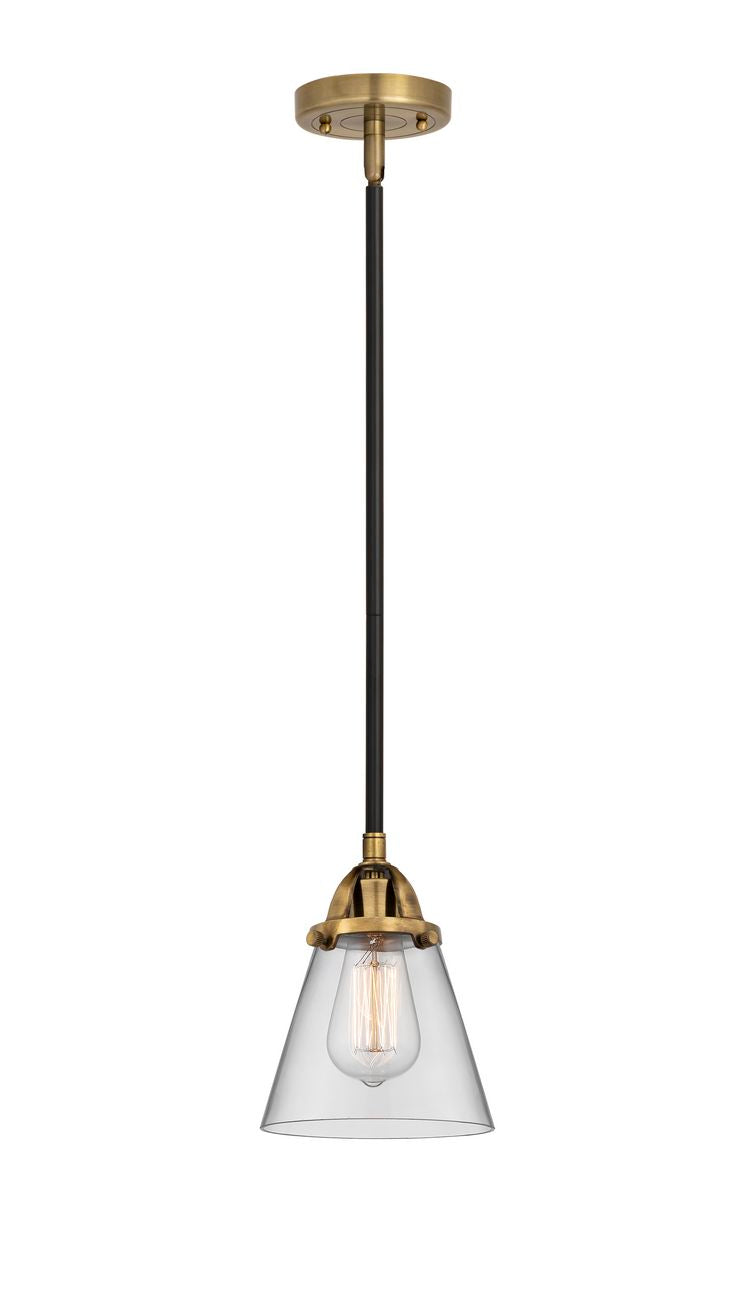 288-1S-BAB-G62 Stem Hung 6.25" Black Antique Brass Mini Pendant - Clear Small Cone Glass - LED Bulb - Dimmensions: 6.25 x 6.25 x 8.5<br>Minimum Height : 18<br>Maximum Height : 42 - Sloped Ceiling Compatible: Yes