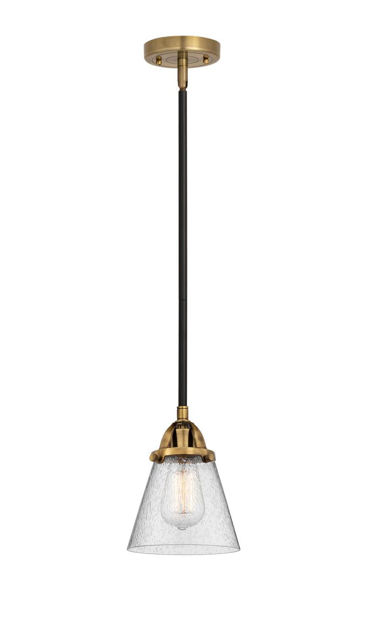 288-1S-BAB-G64 Stem Hung 6.25" Black Antique Brass Mini Pendant - Seedy Small Cone Glass - LED Bulb - Dimmensions: 6.25 x 6.25 x 8.5<br>Minimum Height : 18<br>Maximum Height : 42 - Sloped Ceiling Compatible: Yes