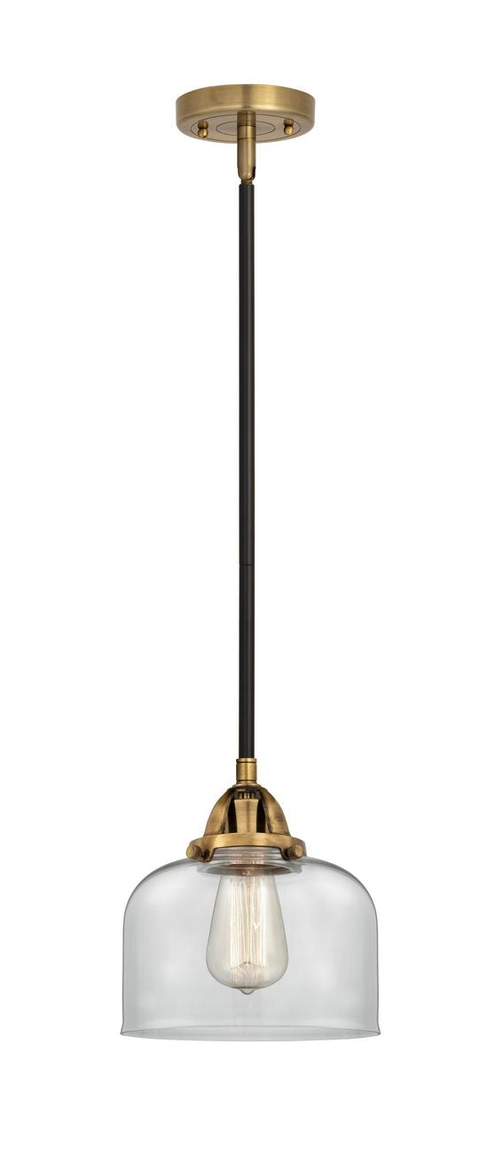 288-1S-BAB-G72 Stem Hung 8" Black Antique Brass Mini Pendant - Clear Large Bell Glass - LED Bulb - Dimmensions: 8 x 8 x 8.5<br>Minimum Height : 18<br>Maximum Height : 42 - Sloped Ceiling Compatible: Yes