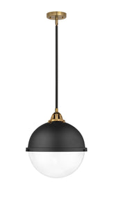 288-1S-BAB-HFS-122-BK 1-Light 12.875" Matte Black Pendant - Clear Hampden Glass - LED Bulb - Dimmensions: 12.875 x 12.875 x 15.125<br>Minimum Height : 24.125<br>Maximum Height : 48.125 - Sloped Ceiling Compatible: Yes