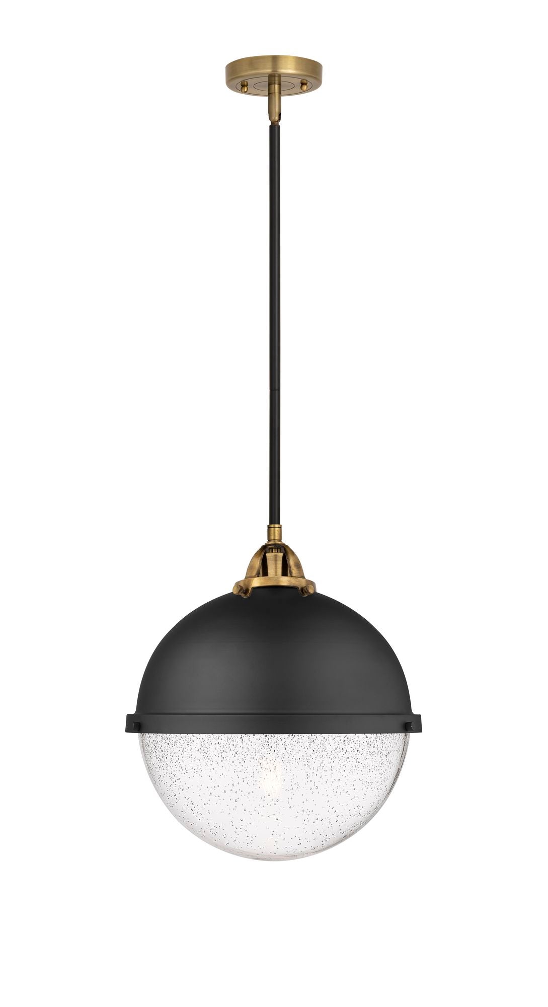 288-1S-BAB-HFS-124-BK 1-Light 12.875" Matte Black Pendant - Seedy Hampden Glass - LED Bulb - Dimmensions: 12.875 x 12.875 x 15.125<br>Minimum Height : 24.125<br>Maximum Height : 48.125 - Sloped Ceiling Compatible: Yes