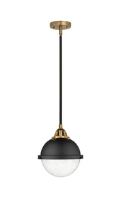 288-1S-BAB-HFS-84-BK Stem Hung 9" Matte Black Mini Pendant - Seedy Hampden Glass - LED Bulb - Dimmensions: 9 x 9 x 11<br>Minimum Height : 20<br>Maximum Height : 44 - Sloped Ceiling Compatible: Yes