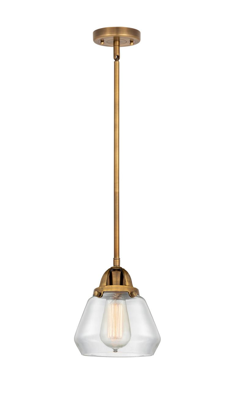 288-1S-BB-G172 Stem Hung 6.75" Brushed Brass Mini Pendant - Clear Fulton Glass - LED Bulb - Dimmensions: 6.75 x 6.75 x 8<br>Minimum Height : 17.5<br>Maximum Height : 41.5 - Sloped Ceiling Compatible: Yes
