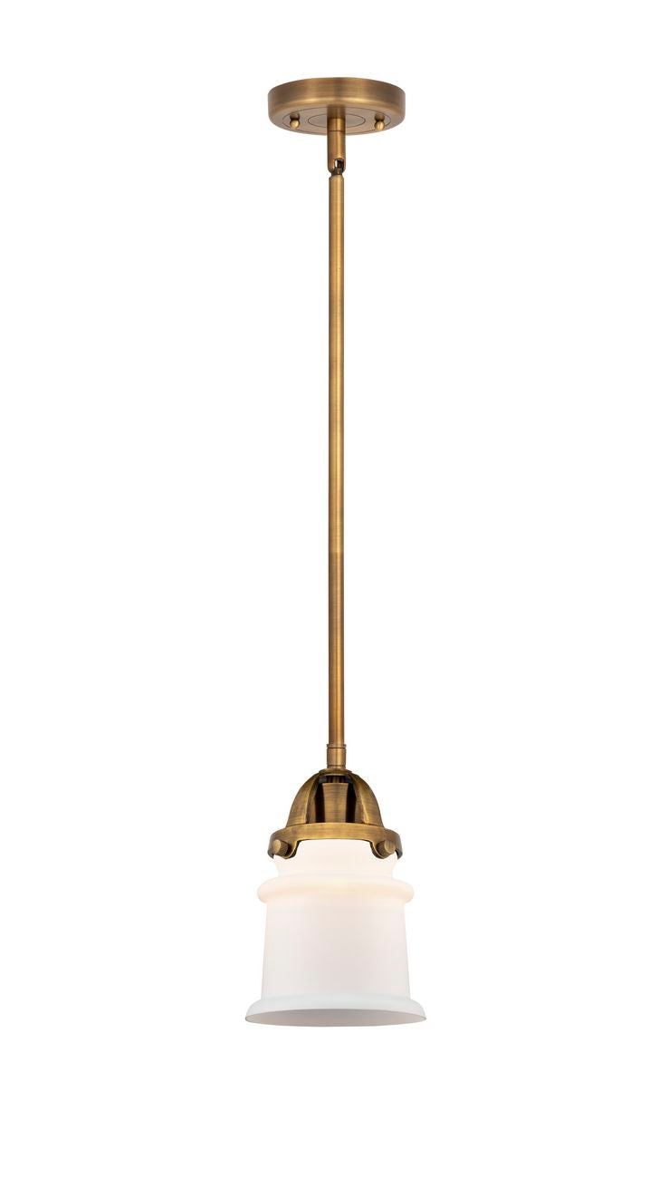 288-1S-BB-G181S Stem Hung 5.25" Brushed Brass Mini Pendant - Matte White Small Canton Glass - LED Bulb - Dimmensions: 5.25 x 5.25 x 8.25<br>Minimum Height : 17.75<br>Maximum Height : 41.75 - Sloped Ceiling Compatible: Yes