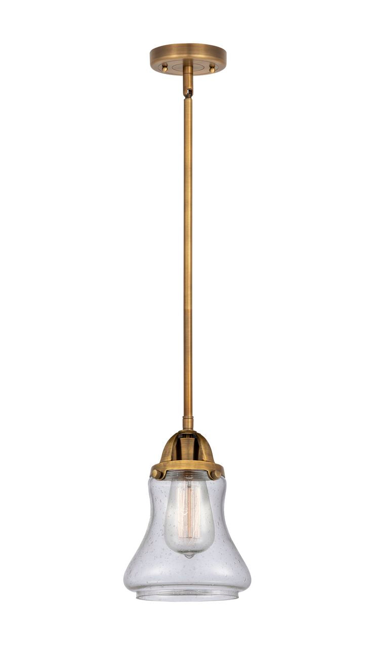 288-1S-BB-G194 Stem Hung 6" Brushed Brass Mini Pendant - Seedy Bellmont Glass - LED Bulb - Dimmensions: 6 x 6 x 9<br>Minimum Height : 18.5<br>Maximum Height : 42.5 - Sloped Ceiling Compatible: Yes