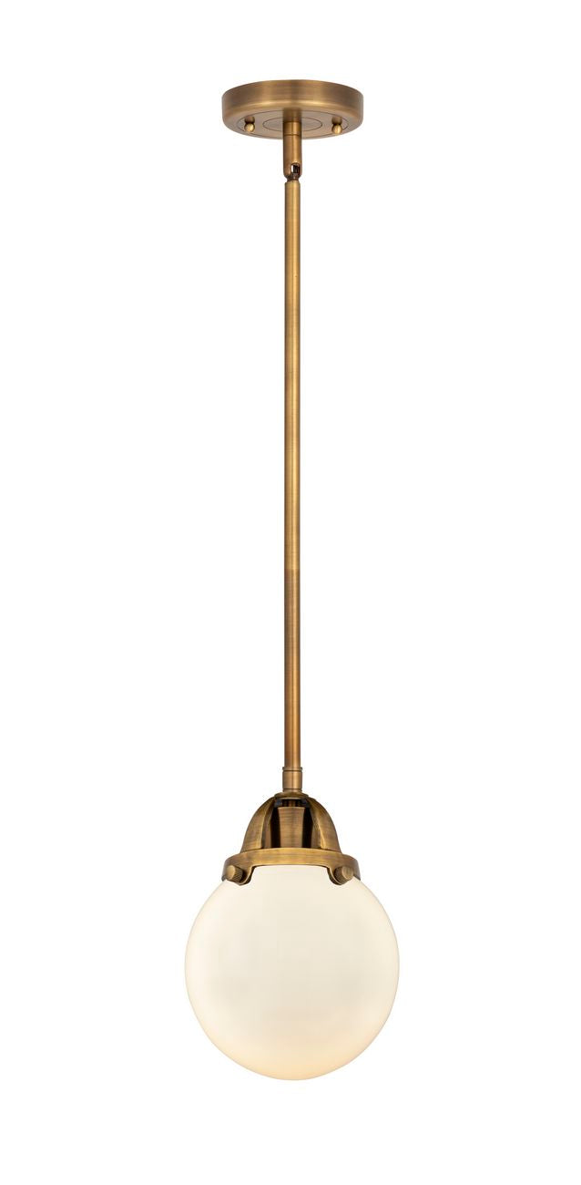 288-1S-BB-G201-6 Stem Hung 6" Brushed Brass Mini Pendant - Matte White Cased Beacon Glass - LED Bulb - Dimmensions: 6 x 6 x 8.5<br>Minimum Height : 18<br>Maximum Height : 42 - Sloped Ceiling Compatible: Yes