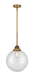 288-1S-BB-G202-10 Stem Hung 10" Brushed Brass Mini Pendant - Clear Beacon Glass - LED Bulb - Dimmensions: 10 x 10 x 12.5<br>Minimum Height : 22<br>Maximum Height : 46 - Sloped Ceiling Compatible: Yes