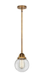 288-1S-BB-G202-6 Stem Hung 6" Brushed Brass Mini Pendant - Clear Beacon Glass - LED Bulb - Dimmensions: 6 x 6 x 8.5<br>Minimum Height : 18<br>Maximum Height : 42 - Sloped Ceiling Compatible: Yes