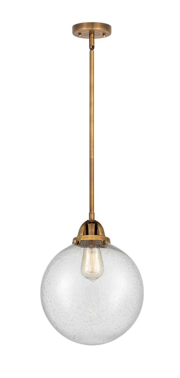 288-1S-BB-G204-10 Stem Hung 10" Brushed Brass Mini Pendant - Seedy Beacon Glass - LED Bulb - Dimmensions: 10 x 10 x 12.5<br>Minimum Height : 22<br>Maximum Height : 46 - Sloped Ceiling Compatible: Yes