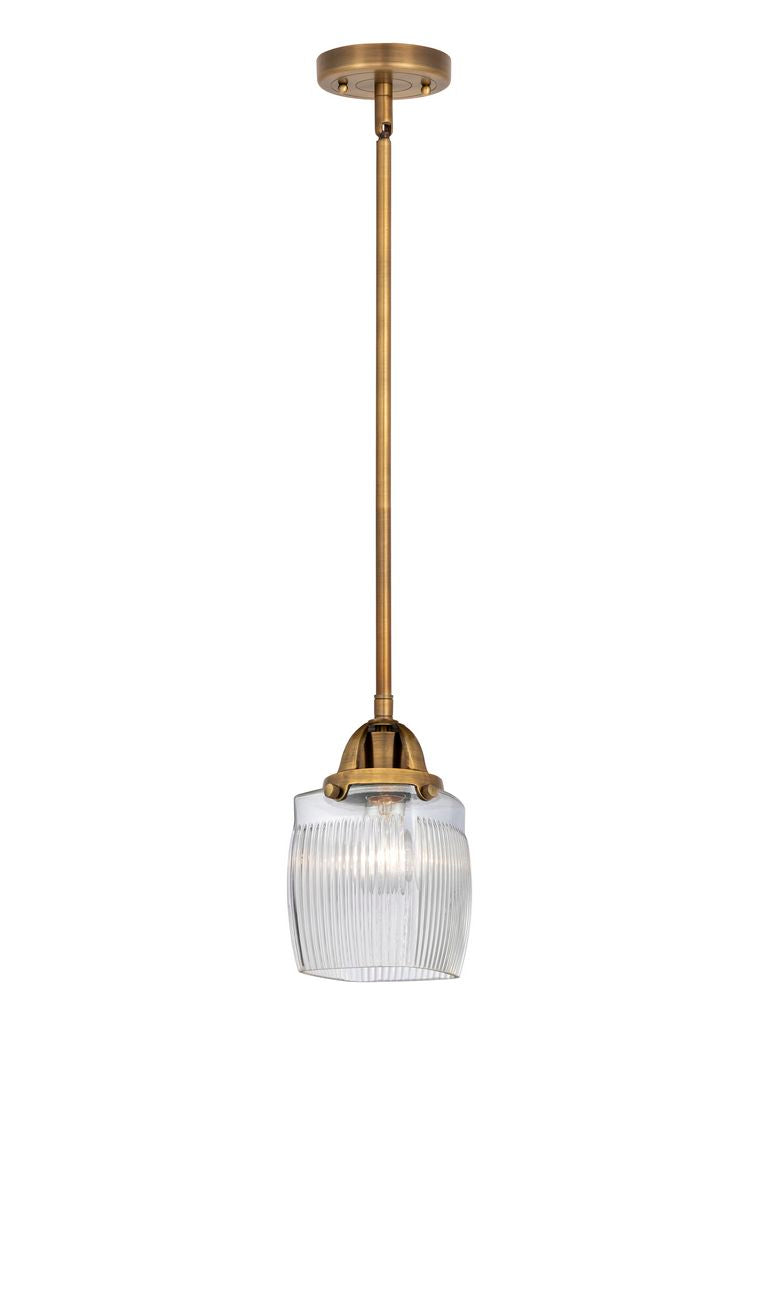 288-1S-BB-G302 Stem Hung 5.5" Brushed Brass Mini Pendant - Thick Clear Halophane Colton Glass - LED Bulb - Dimmensions: 5.5 x 5.5 x 8.75<br>Minimum Height : 18.25<br>Maximum Height : 42.25 - Sloped Ceiling Compatible: Yes