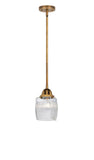 288-1S-BB-G302 Stem Hung 5.5" Brushed Brass Mini Pendant - Thick Clear Halophane Colton Glass - LED Bulb - Dimmensions: 5.5 x 5.5 x 8.75<br>Minimum Height : 18.25<br>Maximum Height : 42.25 - Sloped Ceiling Compatible: Yes
