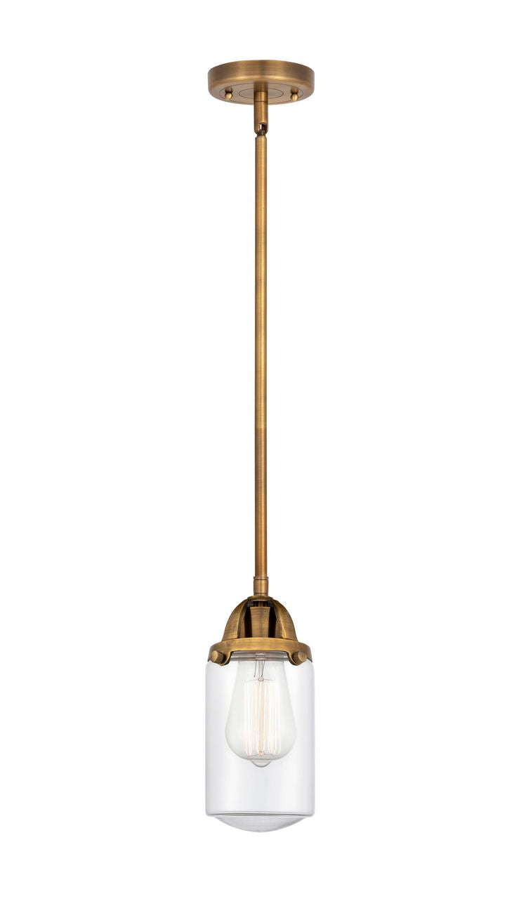 288-1S-BB-G312 Stem Hung 4.5" Brushed Brass Mini Pendant - Clear Dover Glass - LED Bulb - Dimmensions: 4.5 x 4.5 x 9.25<br>Minimum Height : 18.75<br>Maximum Height : 42.75 - Sloped Ceiling Compatible: Yes