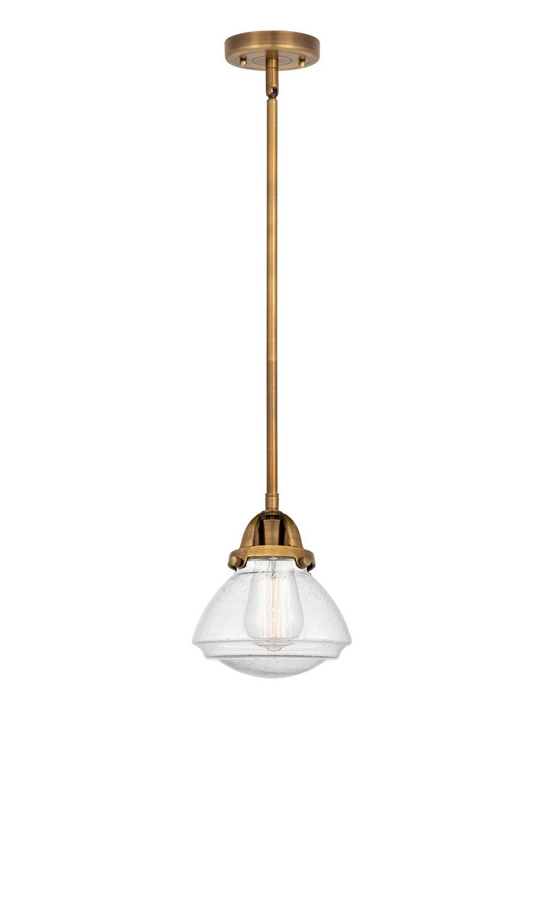288-1S-BB-G324 Stem Hung 6.75" Brushed Brass Mini Pendant - Seedy Olean Glass - LED Bulb - Dimmensions: 6.75 x 6.75 x 7.75<br>Minimum Height : 17.25<br>Maximum Height : 41.25 - Sloped Ceiling Compatible: Yes