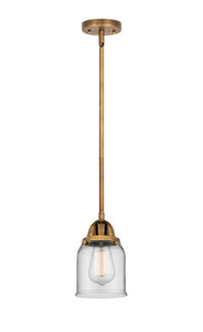 288-1S-BB-G52 Stem Hung 5" Brushed Brass Mini Pendant - Clear Small Bell Glass - LED Bulb - Dimmensions: 5 x 5 x 8.5<br>Minimum Height : 18<br>Maximum Height : 42 - Sloped Ceiling Compatible: Yes