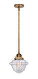 288-1S-BB-G534 Stem Hung 7.5" Brushed Brass Mini Pendant - Seedy Small Oxford Glass - LED Bulb - Dimmensions: 7.5 x 7.5 x 8.5<br>Minimum Height : 18<br>Maximum Height : 42 - Sloped Ceiling Compatible: Yes
