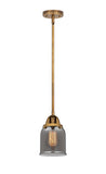 288-1S-BB-G53 Stem Hung 5" Brushed Brass Mini Pendant - Plated Smoke Small Bell Glass - LED Bulb - Dimmensions: 5 x 5 x 8.5<br>Minimum Height : 18<br>Maximum Height : 42 - Sloped Ceiling Compatible: Yes
