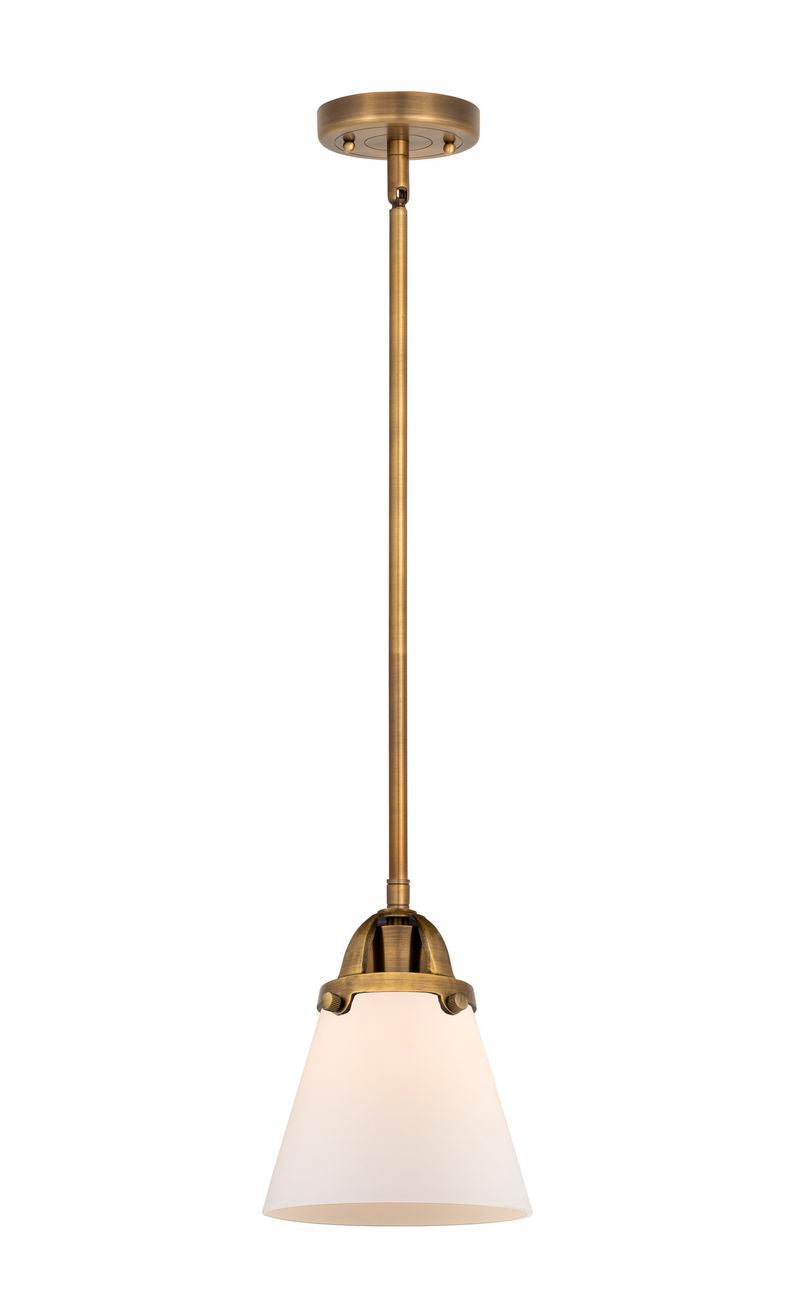 288-1S-BB-G61 Stem Hung 6.25" Brushed Brass Mini Pendant - Matte White Cased Small Cone Glass - LED Bulb - Dimmensions: 6.25 x 6.25 x 8.5<br>Minimum Height : 18<br>Maximum Height : 42 - Sloped Ceiling Compatible: Yes