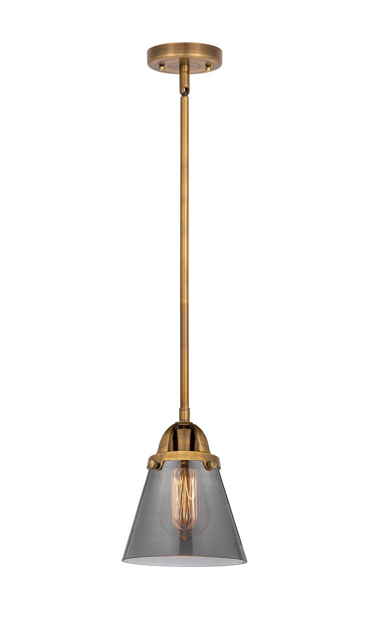 288-1S-BB-G63 Stem Hung 6.25" Brushed Brass Mini Pendant - Plated Smoke Small Cone Glass - LED Bulb - Dimmensions: 6.25 x 6.25 x 8.5<br>Minimum Height : 18<br>Maximum Height : 42 - Sloped Ceiling Compatible: Yes