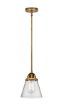 288-1S-BB-G64 Stem Hung 6.25" Brushed Brass Mini Pendant - Seedy Small Cone Glass - LED Bulb - Dimmensions: 6.25 x 6.25 x 8.5<br>Minimum Height : 18<br>Maximum Height : 42 - Sloped Ceiling Compatible: Yes