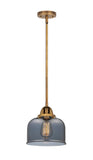 288-1S-BB-G73 Stem Hung 8" Brushed Brass Mini Pendant - Plated Smoke Large Bell Glass - LED Bulb - Dimmensions: 8 x 8 x 8.5<br>Minimum Height : 18<br>Maximum Height : 42 - Sloped Ceiling Compatible: Yes