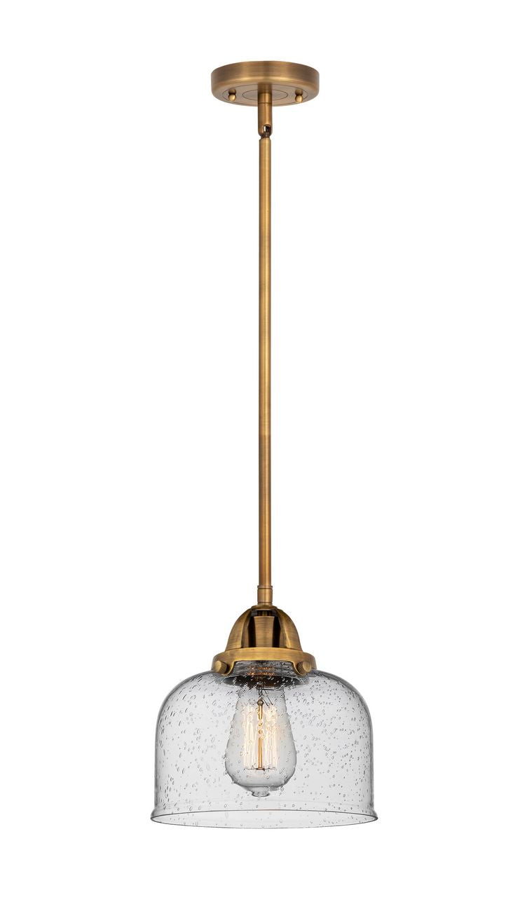 288-1S-BB-G74 Stem Hung 8" Brushed Brass Mini Pendant - Seedy Large Bell Glass - LED Bulb - Dimmensions: 8 x 8 x 8.5<br>Minimum Height : 18<br>Maximum Height : 42 - Sloped Ceiling Compatible: Yes