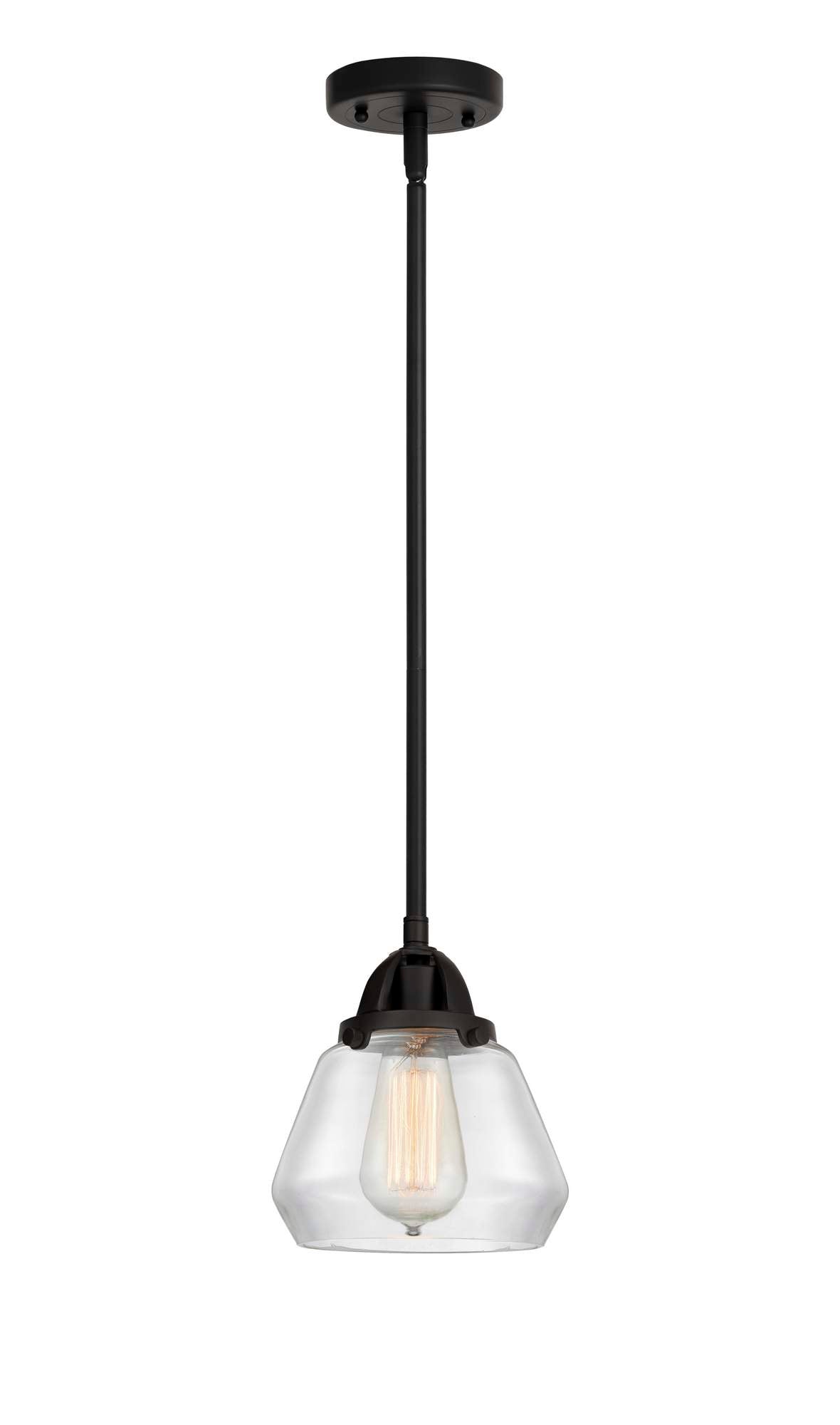 288-1S-BK-G172 Stem Hung 6.75" Matte Black Mini Pendant - Clear Fulton Glass - LED Bulb - Dimmensions: 6.75 x 6.75 x 8<br>Minimum Height : 17.5<br>Maximum Height : 41.5 - Sloped Ceiling Compatible: Yes