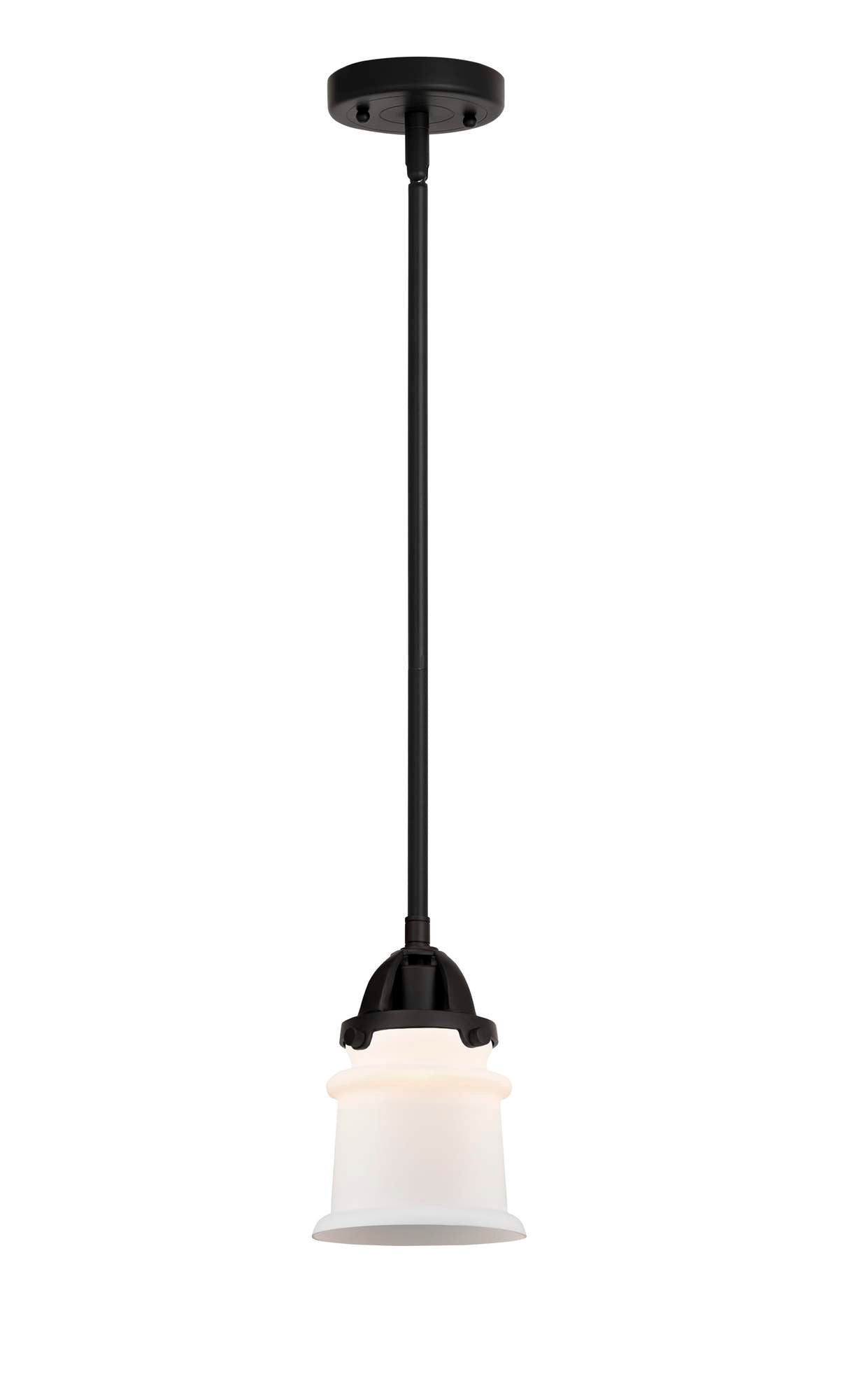 288-1S-BK-G181S Stem Hung 5.25" Matte Black Mini Pendant - Matte White Small Canton Glass - LED Bulb - Dimmensions: 5.25 x 5.25 x 8.25<br>Minimum Height : 17.75<br>Maximum Height : 41.75 - Sloped Ceiling Compatible: Yes