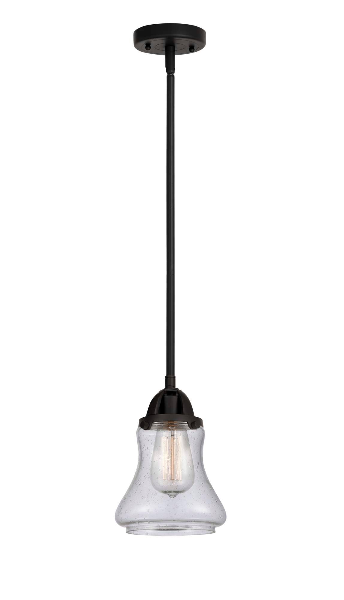 288-1S-BK-G194 Stem Hung 6" Matte Black Mini Pendant - Seedy Bellmont Glass - LED Bulb - Dimmensions: 6 x 6 x 9<br>Minimum Height : 18.5<br>Maximum Height : 42.5 - Sloped Ceiling Compatible: Yes