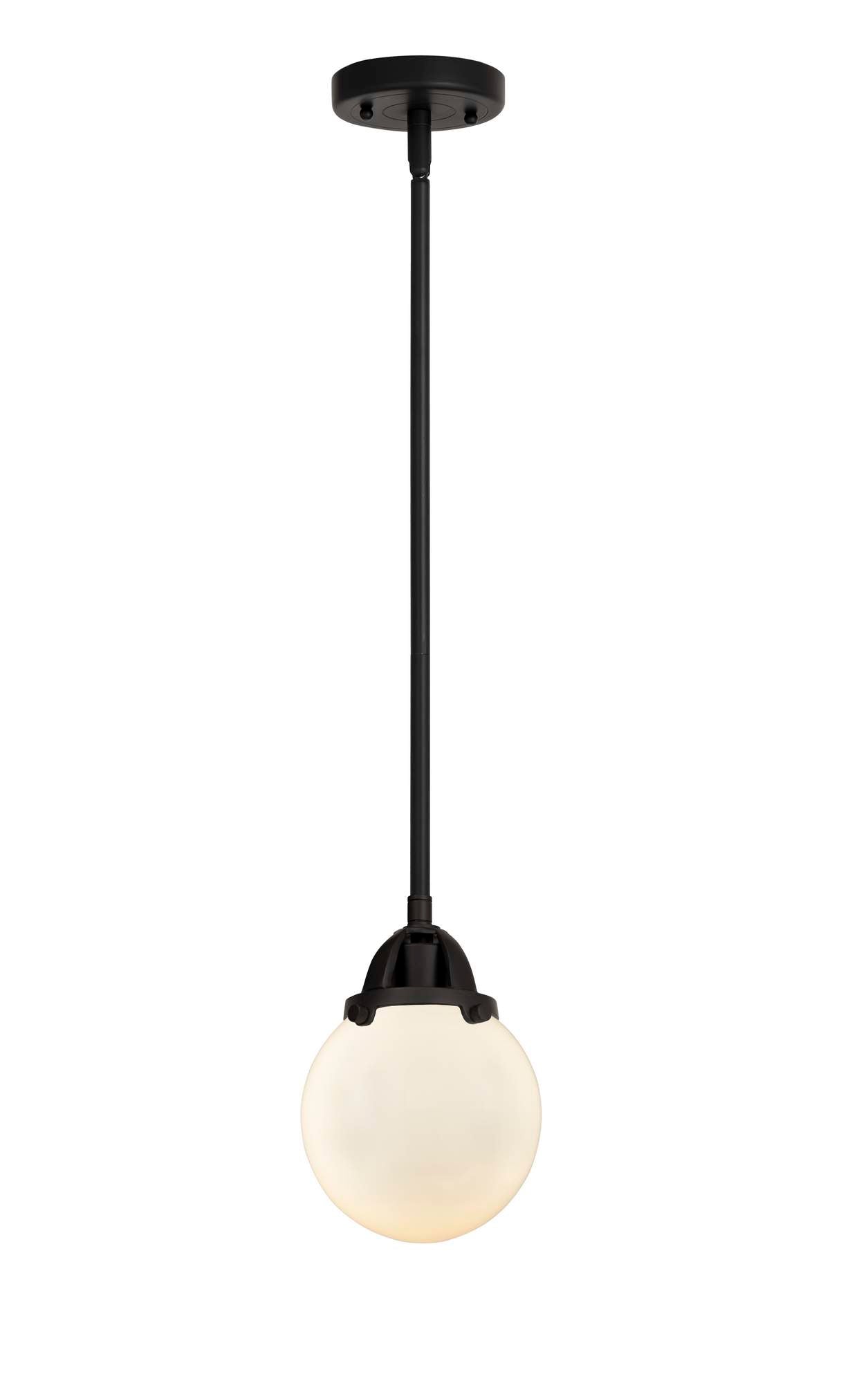 288-1S-BK-G201-6 Stem Hung 6" Matte Black Mini Pendant - Matte White Cased Beacon Glass - LED Bulb - Dimmensions: 6 x 6 x 8.5<br>Minimum Height : 18<br>Maximum Height : 42 - Sloped Ceiling Compatible: Yes