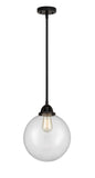 288-1S-BK-G202-10 Stem Hung 10" Matte Black Mini Pendant - Clear Beacon Glass - LED Bulb - Dimmensions: 10 x 10 x 12.5<br>Minimum Height : 22<br>Maximum Height : 46 - Sloped Ceiling Compatible: Yes