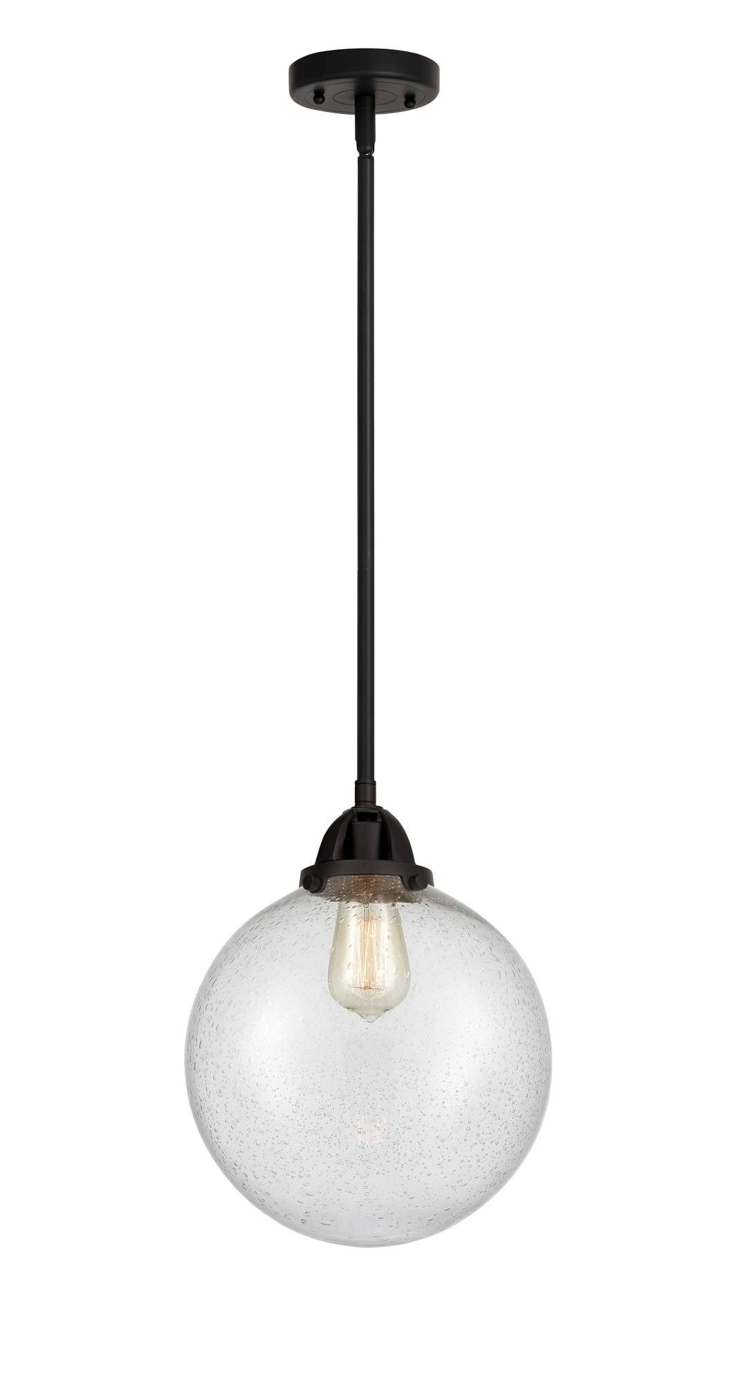 288-1S-BK-G204-10 Stem Hung 10" Matte Black Mini Pendant - Seedy Beacon Glass - LED Bulb - Dimmensions: 10 x 10 x 12.5<br>Minimum Height : 22<br>Maximum Height : 46 - Sloped Ceiling Compatible: Yes