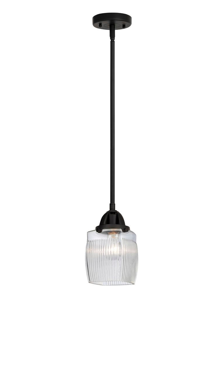 288-1S-BK-G302 Stem Hung 5.5" Matte Black Mini Pendant - Thick Clear Halophane Colton Glass - LED Bulb - Dimmensions: 5.5 x 5.5 x 8.75<br>Minimum Height : 18.25<br>Maximum Height : 42.25 - Sloped Ceiling Compatible: Yes