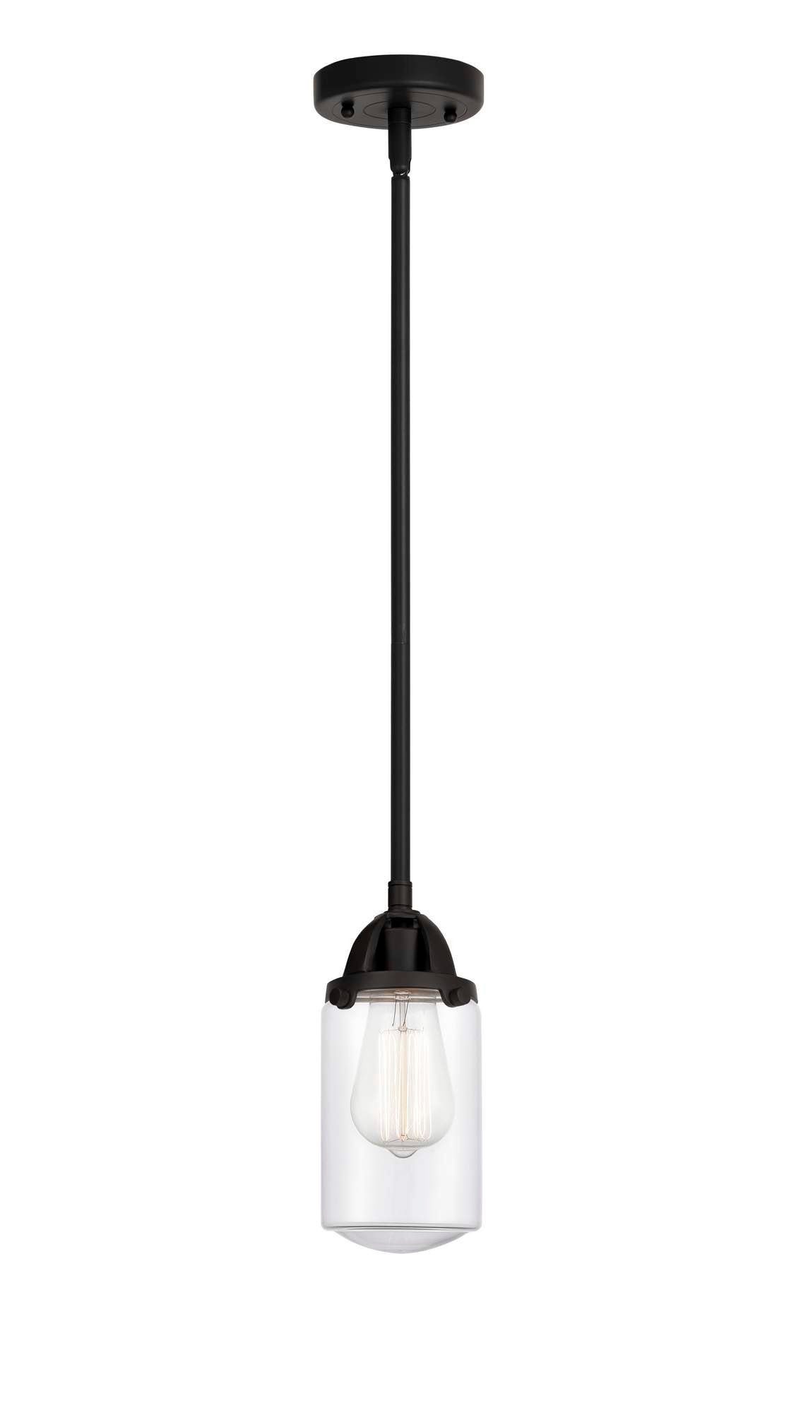 288-1S-BK-G312 Stem Hung 4.5" Matte Black Mini Pendant - Clear Dover Glass - LED Bulb - Dimmensions: 4.5 x 4.5 x 9.25<br>Minimum Height : 18.75<br>Maximum Height : 42.75 - Sloped Ceiling Compatible: Yes