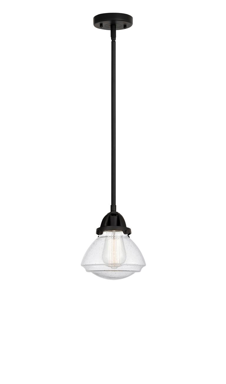 288-1S-BK-G324 Stem Hung 6.75" Matte Black Mini Pendant - Seedy Olean Glass - LED Bulb - Dimmensions: 6.75 x 6.75 x 7.75<br>Minimum Height : 17.25<br>Maximum Height : 41.25 - Sloped Ceiling Compatible: Yes