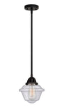 288-1S-BK-G534 Stem Hung 7.5" Matte Black Mini Pendant - Seedy Small Oxford Glass - LED Bulb - Dimmensions: 7.5 x 7.5 x 8.5<br>Minimum Height : 18<br>Maximum Height : 42 - Sloped Ceiling Compatible: Yes