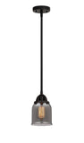 288-1S-BK-G53 Stem Hung 5" Matte Black Mini Pendant - Plated Smoke Small Bell Glass - LED Bulb - Dimmensions: 5 x 5 x 8.5<br>Minimum Height : 18<br>Maximum Height : 42 - Sloped Ceiling Compatible: Yes