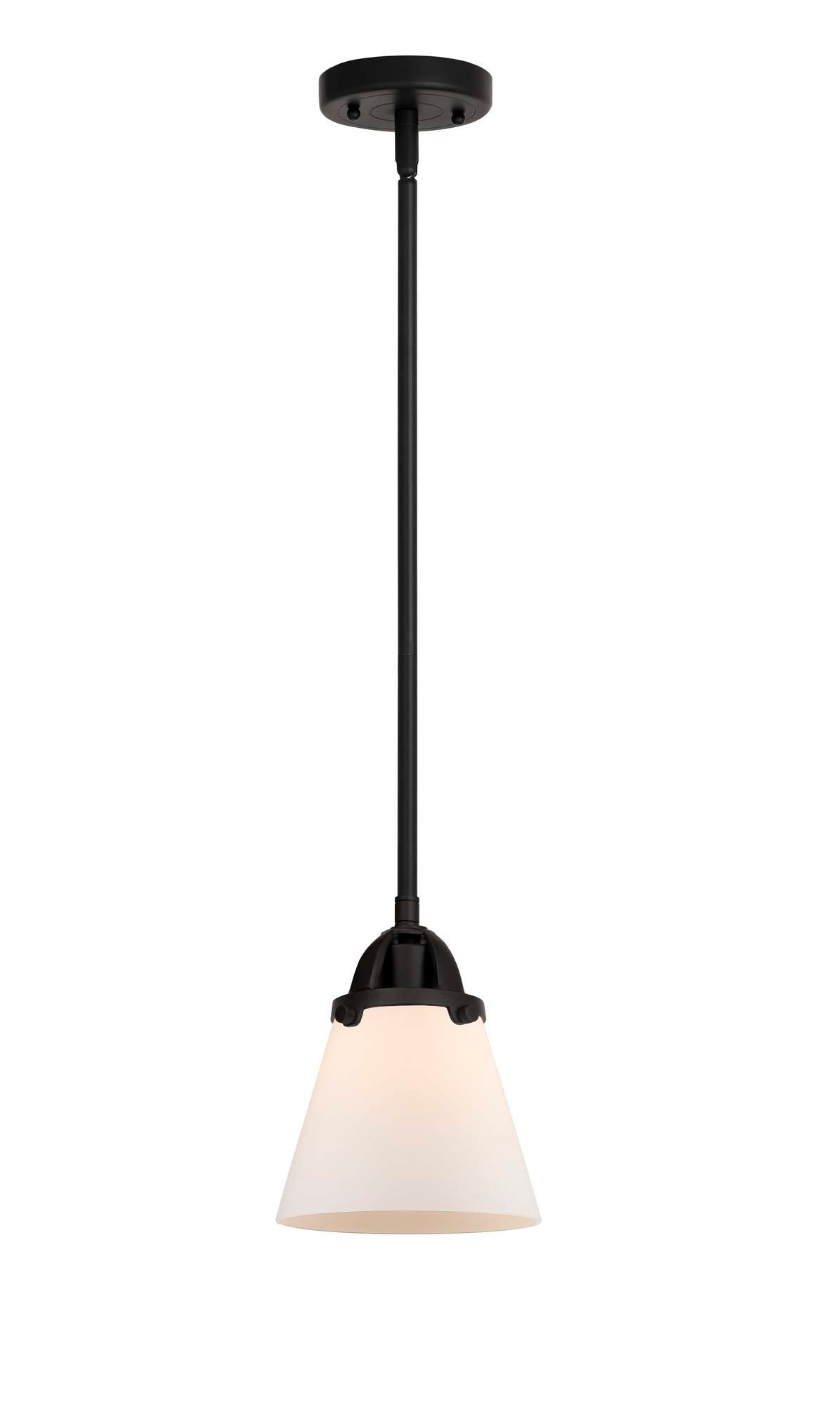 288-1S-BK-G61 Stem Hung 6.25" Matte Black Mini Pendant - Matte White Cased Small Cone Glass - LED Bulb - Dimmensions: 6.25 x 6.25 x 8.5<br>Minimum Height : 18<br>Maximum Height : 42 - Sloped Ceiling Compatible: Yes