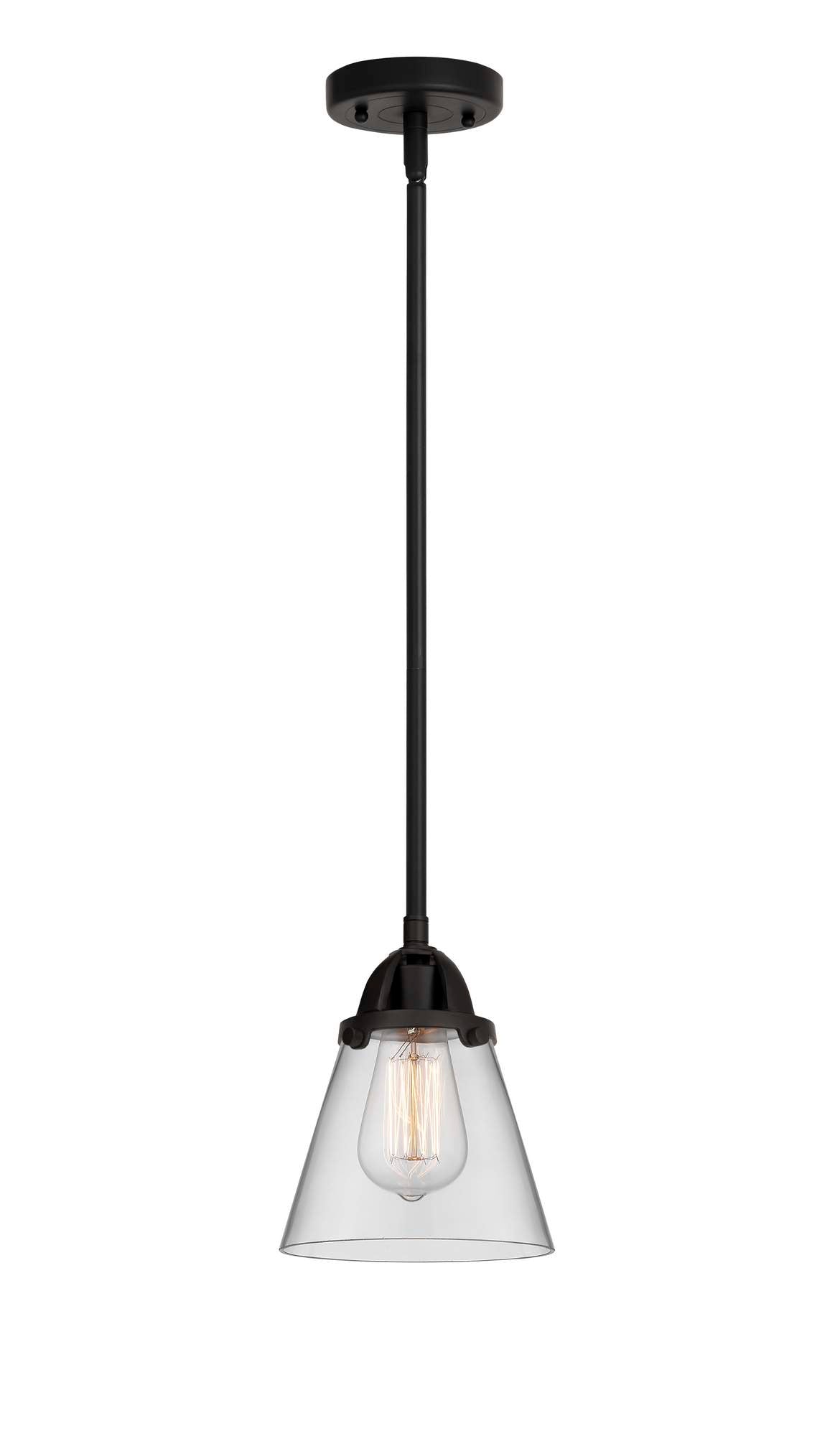 288-1S-BK-G62 Stem Hung 6.25" Matte Black Mini Pendant - Clear Small Cone Glass - LED Bulb - Dimmensions: 6.25 x 6.25 x 8.5<br>Minimum Height : 18<br>Maximum Height : 42 - Sloped Ceiling Compatible: Yes