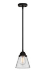 288-1S-BK-G62 Stem Hung 6.25" Matte Black Mini Pendant - Clear Small Cone Glass - LED Bulb - Dimmensions: 6.25 x 6.25 x 8.5<br>Minimum Height : 18<br>Maximum Height : 42 - Sloped Ceiling Compatible: Yes