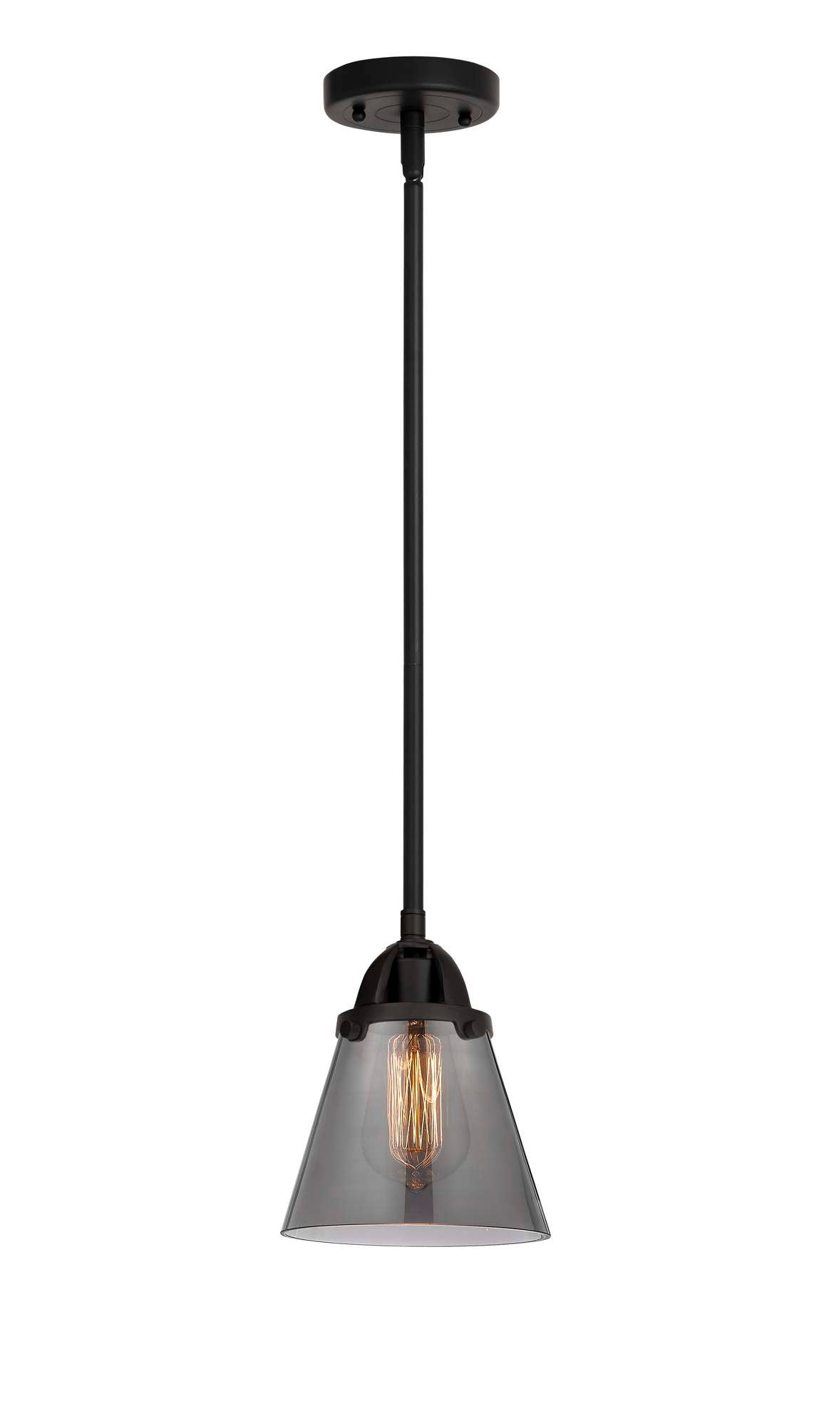 288-1S-BK-G63 Stem Hung 6.25" Matte Black Mini Pendant - Plated Smoke Small Cone Glass - LED Bulb - Dimmensions: 6.25 x 6.25 x 8.5<br>Minimum Height : 18<br>Maximum Height : 42 - Sloped Ceiling Compatible: Yes
