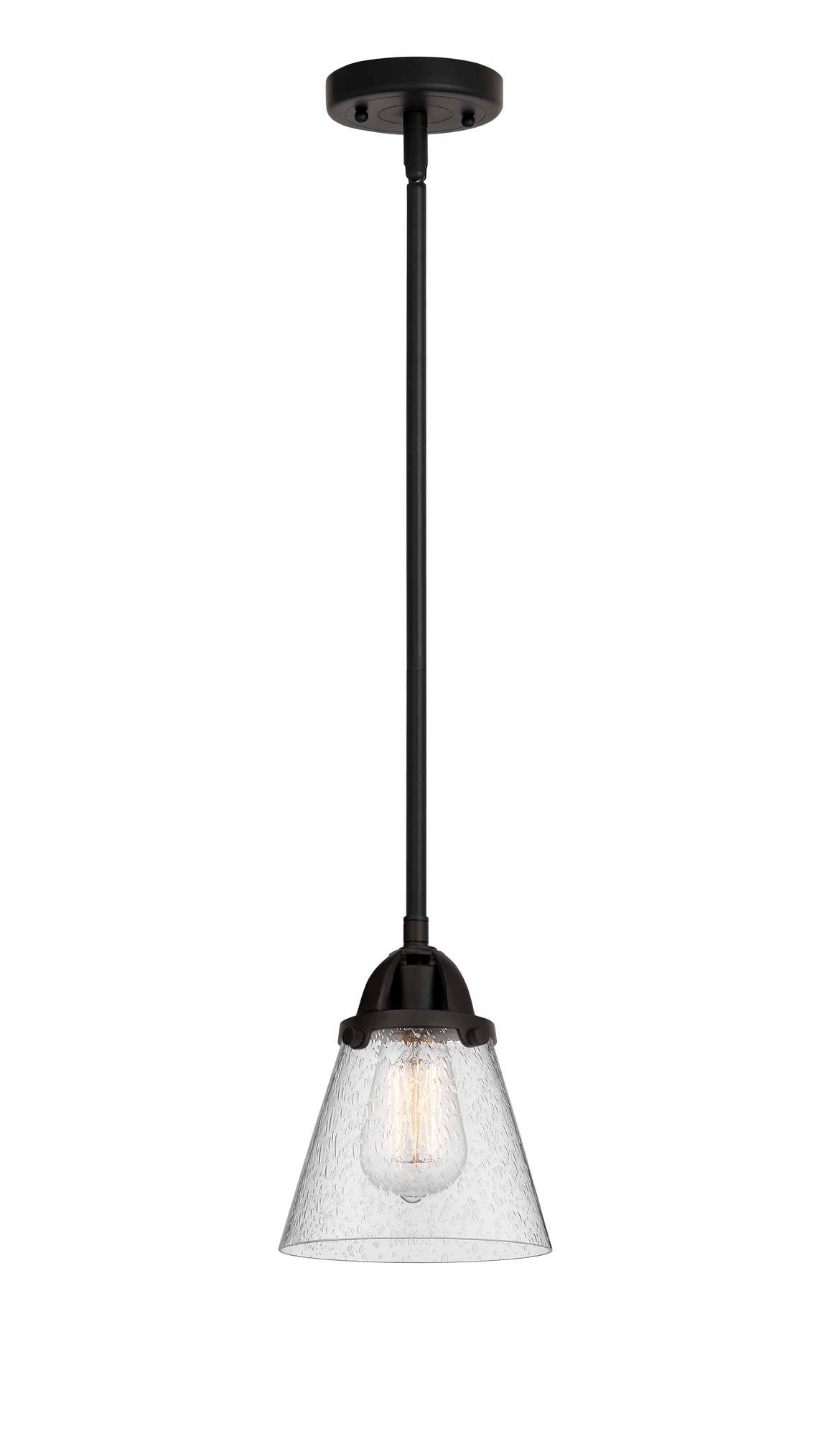 288-1S-BK-G64 Stem Hung 6.25" Matte Black Mini Pendant - Seedy Small Cone Glass - LED Bulb - Dimmensions: 6.25 x 6.25 x 8.5<br>Minimum Height : 18<br>Maximum Height : 42 - Sloped Ceiling Compatible: Yes