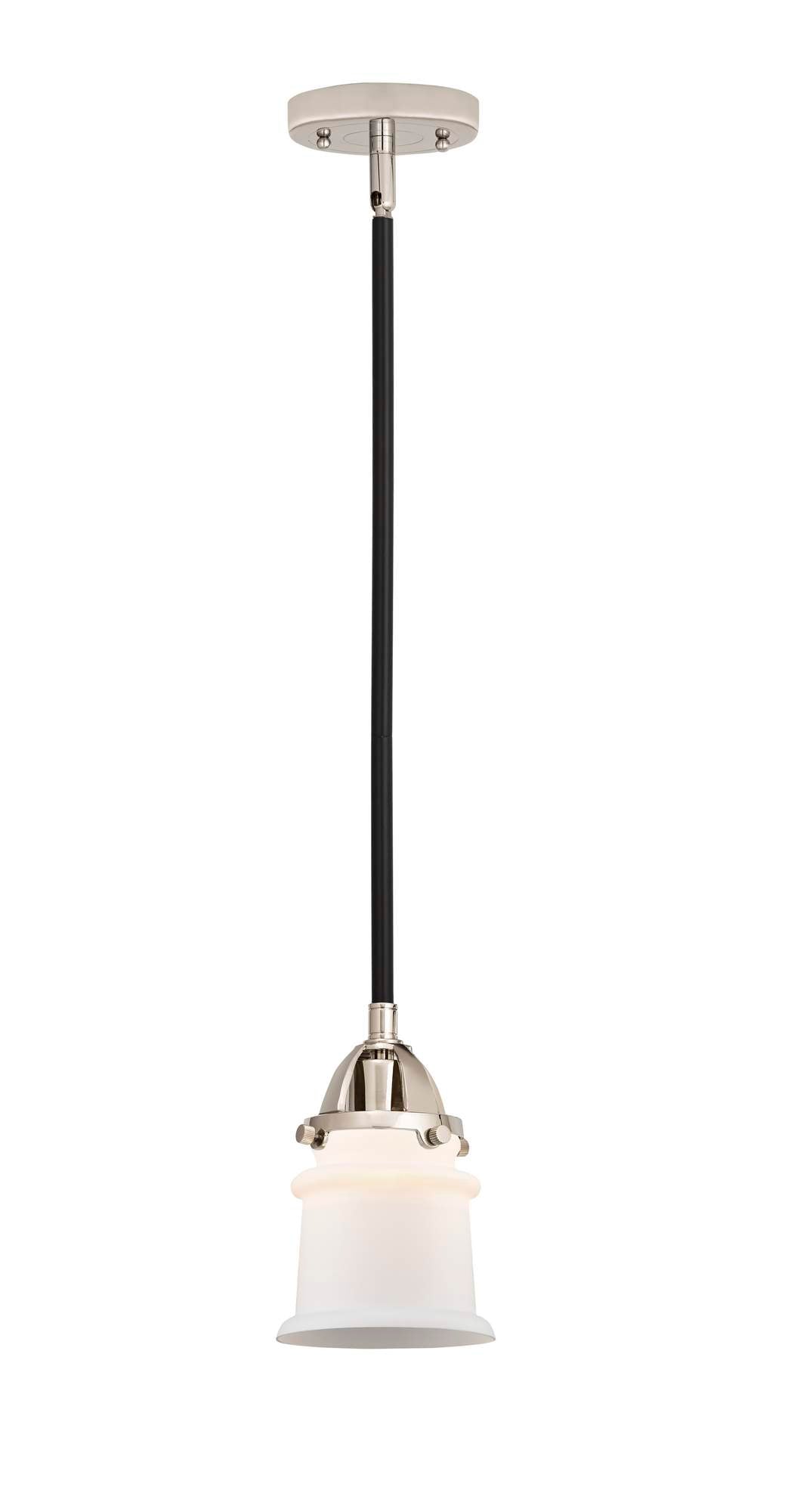 288-1S-BPN-G181S Stem Hung 5.25" Black Polished Nickel Mini Pendant - Matte White Small Canton Glass - LED Bulb - Dimmensions: 5.25 x 5.25 x 8.25<br>Minimum Height : 17.75<br>Maximum Height : 41.75 - Sloped Ceiling Compatible: Yes