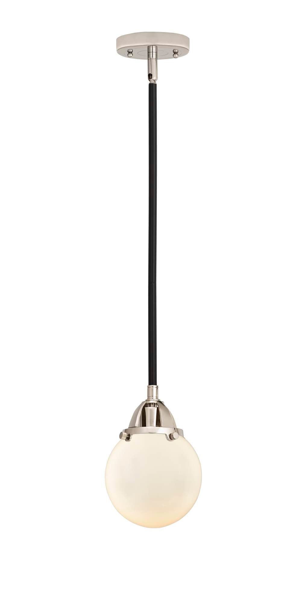 288-1S-BPN-G201-6 Stem Hung 6" Black Polished Nickel Mini Pendant - Matte White Cased Beacon Glass - LED Bulb - Dimmensions: 6 x 6 x 8.5<br>Minimum Height : 18<br>Maximum Height : 42 - Sloped Ceiling Compatible: Yes