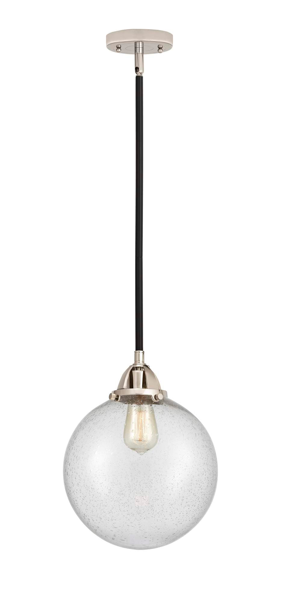 288-1S-BPN-G204-10 Stem Hung 10" Black Polished Nickel Mini Pendant - Seedy Beacon Glass - LED Bulb - Dimmensions: 10 x 10 x 12.5<br>Minimum Height : 22<br>Maximum Height : 46 - Sloped Ceiling Compatible: Yes