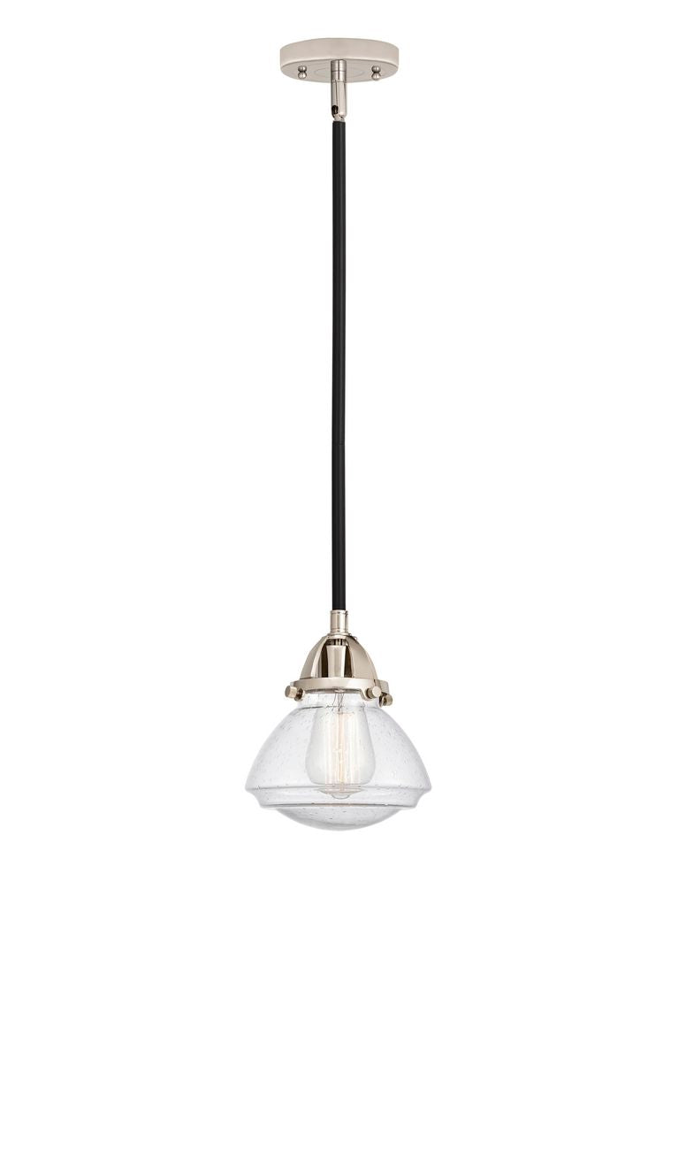 288-1S-BPN-G324 Stem Hung 6.75" Black Polished Nickel Mini Pendant - Seedy Olean Glass - LED Bulb - Dimmensions: 6.75 x 6.75 x 7.75<br>Minimum Height : 17.25<br>Maximum Height : 41.25 - Sloped Ceiling Compatible: Yes