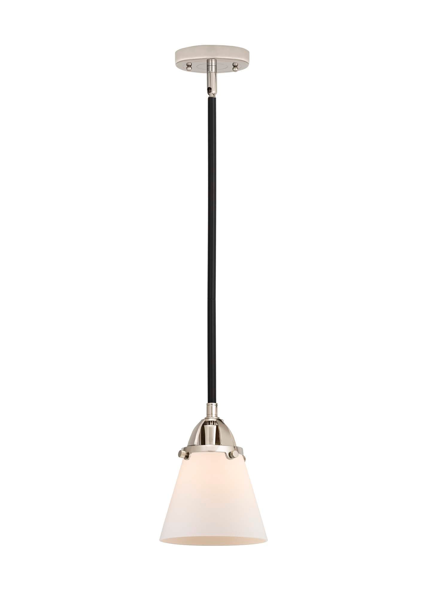 288-1S-BPN-G61 Stem Hung 6.25" Black Polished Nickel Mini Pendant - Matte White Cased Small Cone Glass - LED Bulb - Dimmensions: 6.25 x 6.25 x 8.5<br>Minimum Height : 18<br>Maximum Height : 42 - Sloped Ceiling Compatible: Yes