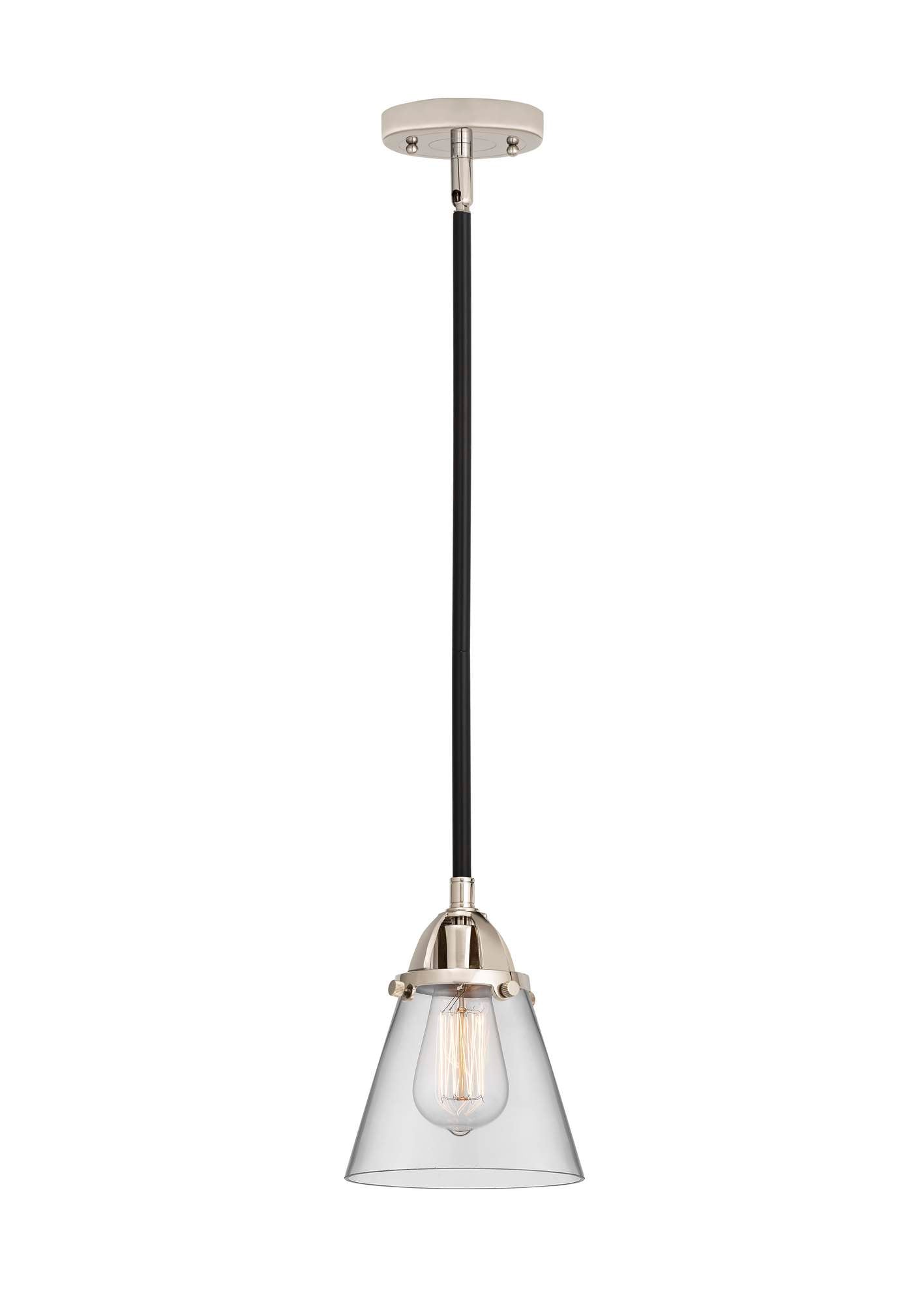 288-1S-BPN-G62 Stem Hung 6.25" Black Polished Nickel Mini Pendant - Clear Small Cone Glass - LED Bulb - Dimmensions: 6.25 x 6.25 x 8.5<br>Minimum Height : 18<br>Maximum Height : 42 - Sloped Ceiling Compatible: Yes