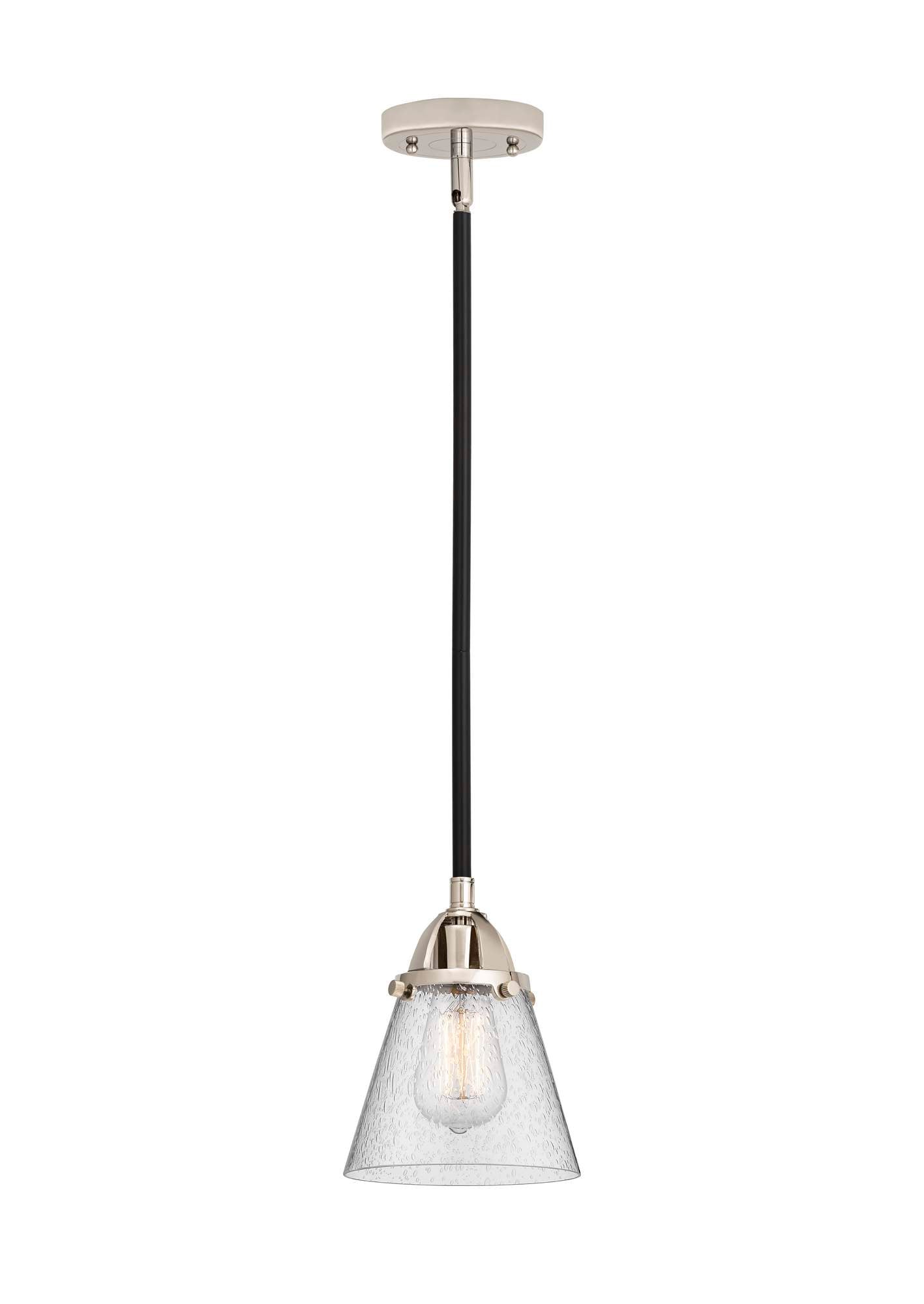 288-1S-BPN-G64 Stem Hung 6.25" Black Polished Nickel Mini Pendant - Seedy Small Cone Glass - LED Bulb - Dimmensions: 6.25 x 6.25 x 8.5<br>Minimum Height : 18<br>Maximum Height : 42 - Sloped Ceiling Compatible: Yes