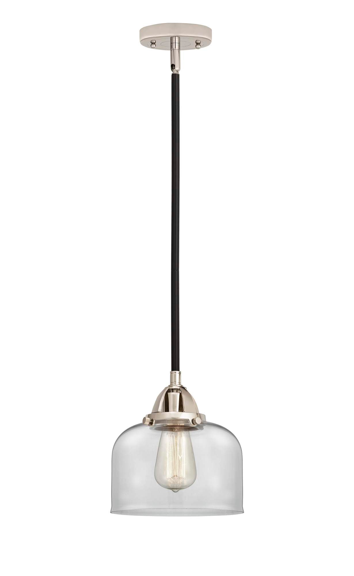288-1S-BPN-G72 Stem Hung 8" Black Polished Nickel Mini Pendant - Clear Large Bell Glass - LED Bulb - Dimmensions: 8 x 8 x 8.5<br>Minimum Height : 18<br>Maximum Height : 42 - Sloped Ceiling Compatible: Yes