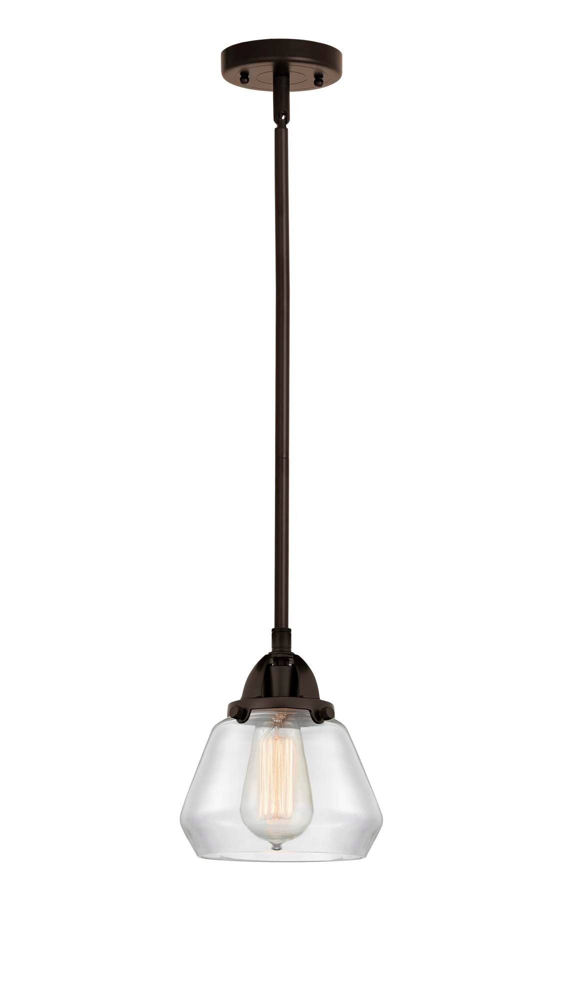 288-1S-OB-G172 Stem Hung 6.75" Oil Rubbed Bronze Mini Pendant - Clear Fulton Glass - LED Bulb - Dimmensions: 6.75 x 6.75 x 8<br>Minimum Height : 17.5<br>Maximum Height : 41.5 - Sloped Ceiling Compatible: Yes